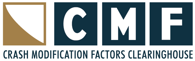 The CMF Clearinghouse logo, which is stylistic mark accompanied by the capital letters C, M, and F in blue boxes and the words Crash Modification Factors Clearinghouse nested underneath.